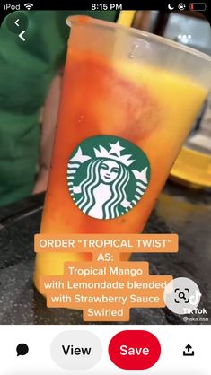 the starbucks app is showing an orange drink