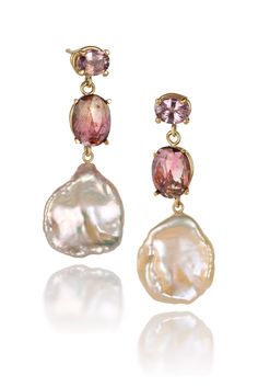 Gold, Pearl & Stone Earrings - Each of these luxurious 14k gold earrings boasts a 1.55ct, pastel-pink sapphire and a rose-cut, bi-colored tourmaline; below each dangles a lustrous freshwater pearl petal. Gold post backs. Pearls Earrings, Pearl Stone, Artful Home, Gold Pearl, Churchill, Stone Earrings, Pink Sapphire, Rose Cut, Pastel Pink