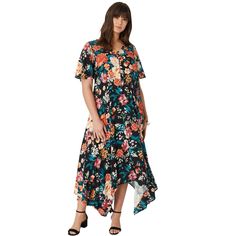 The perfect casual dress for everyday. Made of lightweight fabric, this A-line midi dress features a V-neckline with button front detail. Short flutter sleeves drape over your arms while a flowing handkerchief hem moves with you as you walk. Dress For Everyday, Flowy Midi Dress, Midi Slip Dress, Ruched Midi Dress, Tiered Midi Dress, Handkerchief Hem, Midi Short Sleeve Dress, Women Midi, Woman Standing