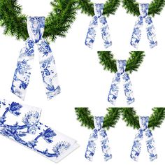 blue and white plates, napkins, and bows are arranged in the shape of wreaths