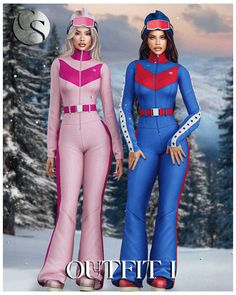 two women in pink and blue outfits standing next to each other on snow covered ground