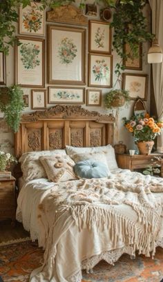 a bedroom with pictures on the wall above the bed