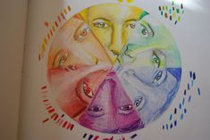 an open book with colored pencils on the pages and a drawing of three men's faces