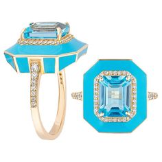 Blue Topaz Emerald Cut Ring with Diamonds and Turquoise Enamel in 18K Yellow Gold, from 'Queen' Collection. Our Queen Collection was inspired by royalty, but with a modern twist. The combination of enamel and Blue Topaz represents power, richness and passion of a true Queen. The feeling of luxury is what we’re aiming for. This will be your everyday companion, your own treasure, your own crown. * Gemstone size: 9 x 7 mm * Gemstone: 100% Earth Mined * Approx. gemstone Weight: 2.78 Carats (Blue Top Fancy Diamond Ring, Emerald Cut Ring, Emerald Cut Rings, London Blue Topaz Ring, Contemporary Ring, Pink Topaz, 18k Yellow Gold Ring, Enamel Ring, Domed Ring