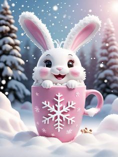 a bunny in a cup with snowflakes on it