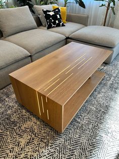 a living room with a couch, coffee table and pillows on the carpeted floor