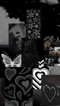 a collage of black and white images with hearts, stars, and other things