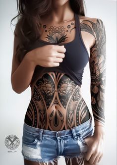 a woman with tattoos on her body is posing for the camera