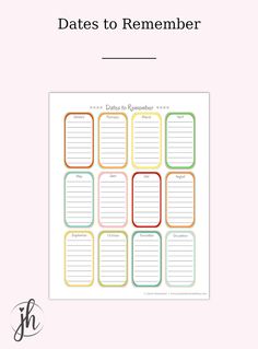 a printable planner with the words dates to remember