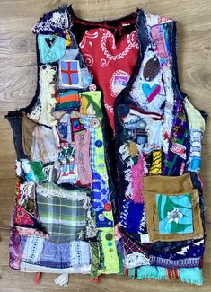 a multicolored vest with many different items on it