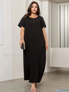 Orcajump - Plus Size Casual Dress, Women's Plus Solid Short Sleeve Round Neck Slight Stretch Maxi Dress Casual Long Midi Dress For Evening, Elegant Shift Maxi Dress With Short Sleeves, Casual Solid Color Maxi Dress For Evening, Elegant Plain Maxi Dress Short Sleeve, Casual Dress Women, Plus Size Casual Dress, Plus Size Casual, Style Elegant, Summer Fall