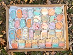 an open box filled with lots of different colored decorated cookies and crackers on top of grass