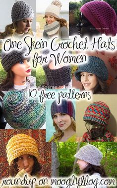 many hats and scarves for women are featured in this collage with the words one skein crochet hat for women 10 free patterns