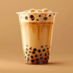 an iced drink in a plastic cup on a brown background