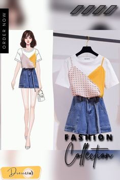 Fashion Colorblock Tee+denim Shorts P11539 Casual Summer T-shirt With Patchwork, White Short Sleeve Denim Tops, Casual Tops With Contrast Color For Summer, White Denim Short Sleeve Top, Casual Blue T-shirt With Splicing, Trendy Blue Patchwork T-shirt, Yellow Spliced Tops For Summer, Yellow Spliced Top For Summer, Blue Patchwork T-shirt For Summer