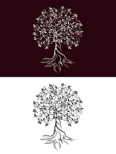 a tree with roots in two different colors and black and white designs on the same background