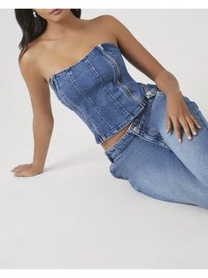 A denim tube top featuring a corset-inspired design, lace-up back, straight-cut neckline and back, and cropped hem.Denim Lace-Up Tube Top Blue         Women Clothing, size features are:Bust: ,Length: ,Sleeve Length: Denim Tube Top, Clothes Making, Denim And Lace, Forever21 Tops, Kids Beachwear, Women Tops, Straight Cut, Tube Top, Women Clothing