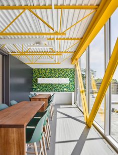 a long wooden table sitting under a metal roof