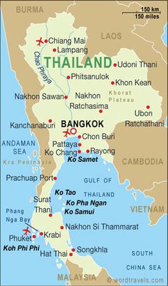 a map of thailand with all the major cities and towns on it's side