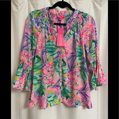 Nwt Beautiful Lilly Pulitzer Blouse With 3/4 With Flounced Sleeves Polyester Easy-Fit Flowy And Very Comfortable Runs Big # 4 Pink Button-up Top For Summer, Spring Pink Tops With Button Closure, Pink Tops With Button Closure For Day Out, Pink V-neck Blouse For Vacation, Pink Button-up Summer Tops, Pink Summer Button-up Tops, Feminine Button-up Tops For Vacation, Feminine Multicolor Button-up Top, Pink Beach Tops With Button Closure