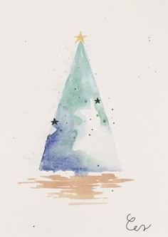 a watercolor painting of a christmas tree with stars on it's top and bottom