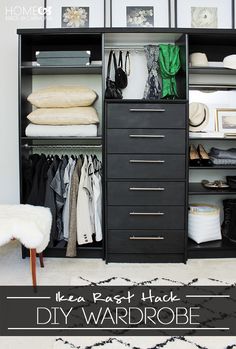 an organized closet with black drawers and white carpet