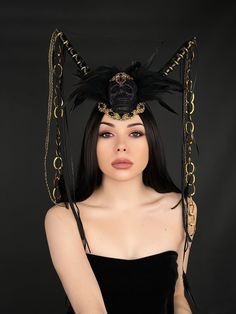 The headband is hand embellished with many details painstakingly put together to create a spectacular masterpiece. This headpiece will look great in costume of demon, witch, gothic queen, lady of darkness, sorceress, vampire in Halloween, gothic party, festival, solemn photo shoot, performance, bachelorette party, fantasy wedding. The height of the composition is up to 7.87 inches. Ribbon and chain lengths up to 23.62 inches. The size of this headdress is universal for adult person. It sits soft Gothic Horned Masquerade Mask For Costume Party, Black Horned Hat For Fantasy Events, Black Horned Costume Hat For Fantasy Events, Fantasy Festival Headpiece With High Crown, Fantasy Crown For Costume Party, Fantasy Crown Costume Accessories For Costume Party, Steampunk Headpiece For Halloween Costume, Mystical Headpieces For Halloween Party, Black Horned Festival Costume Headpiece