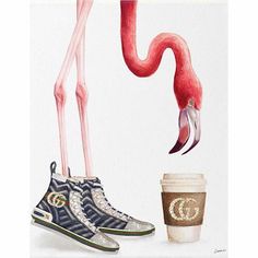 a pink flamingo standing next to a pair of sneakers and a cup of coffee