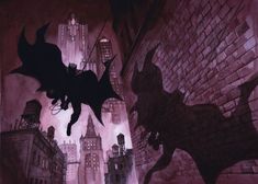 an animated batman scene with the bat flying through the air and another character in the background