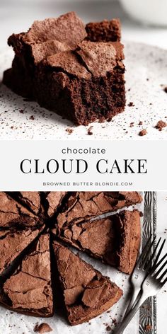 chocolate cloud cake on a white plate with fork and spoon next to it, cut into squares