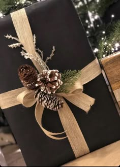 a present wrapped in black paper with pine cones on it