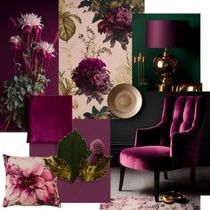 a collage of purple and green decor with flowers on the wall, chair, lamp, vase