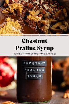 chestnut pralie syrup in a jar with nuts on the side