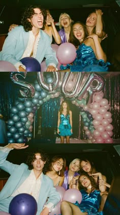 a group of young people posing for a photo in front of balloons and streamers