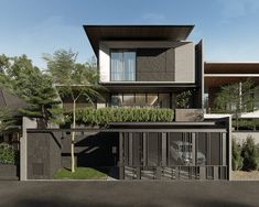 an artist's rendering of a modern house in the middle of trees and bushes