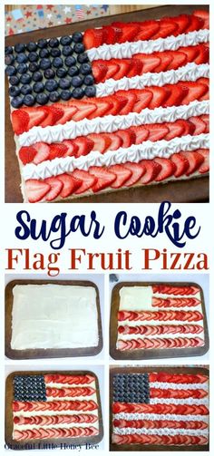 an american flag cake with white frosting and strawberries in the shape of flags