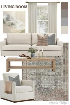 the living room is decorated in neutral tones