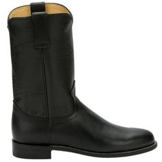 An understated classic, the Cora 10-inch tall Women's roper boot is a simple black boot with a traditional silhouette. The quality leather exterior glistens with the sheen of a never-been-worn boot and its round toe and unit heel provide a relaxed fit in and out of the stirrup. The J-Flex Flexible Comfort System insoles keep things comfortable with leather-covered cushioned insole and triple density insole board. Gender: female.  Age Group: adult. Cowboy Dress Boots, Round Toe Cowboy Boots, Justin Boots Womens, Dresses With Cowboy Boots, Boots Mid Calf, Roper Boots, Wedge Heel Boots, Leather Western Boots, Western Boots Women