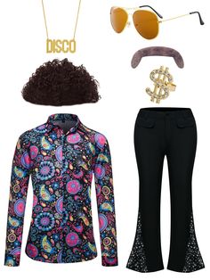 PRICES MAY VARY. Mens 70s Outfits Include : 1x disco retro floral shirt, 1x black bell bottom pants, 1x gold necklace with disco pendant, 1x disco ring, 1x funny curly Afro wig, 1x brown sunglasses and 1x mustache. Nice combination to meet your need for a full 70s disco look, get ready to dance the night with this fashionable and groovy disco dude costume set. Mens Disco Costume Fabric -- The 70s disco shirt is made of spandex and polyester blend, which is soft and skin friendly, breathable and Disco Theme Outfit For Men, Disco Party Guy Outfit, Dress Like The 70s Kids Boys, Disco Man Costume, Men’s 70s Disco Fashion, Mens Disco Outfit, Mens 70s Outfits, Mens Disco Costume, Black Bell Bottom