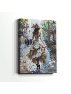 a painting of a woman walking down the street with her hair blowing in the wind