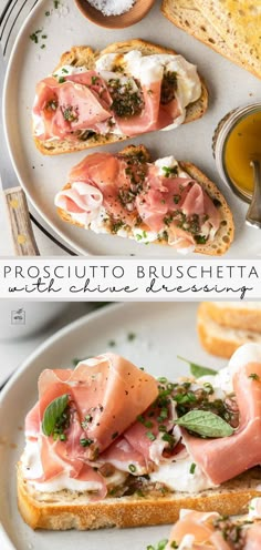 prosciutto bruschetta with cream cheese and herbs on toasted bread