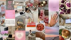 a collage of photos with pink and gold accents, including food, nails, jewelry, cell phone, woman in white dress