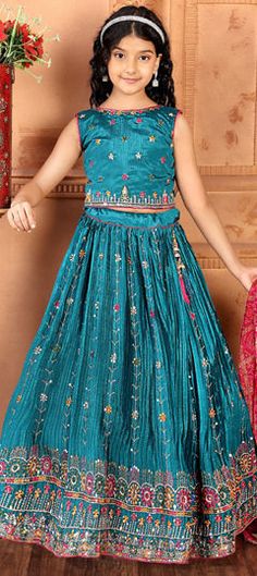 Blue color Kids Lehenga in Silk fabric with Embroidered, Sequence, Thread work Bollywood Style Blue Sharara With Motifs, Blue Sharara With Motifs And Traditional Drape, Blue Saree Set With Intricate Embroidery, Blue Embroidered Saree Set, Blue Dresses With Motifs For Navratri, Traditional Blue Dresses With Dori Work, Traditional Drape Blue Dresses With Dori Work, Blue Festive Dress With Motifs, Festive Blue Dresses With Motifs