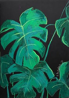 a painting of green leaves on a black background