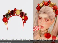 an image of a woman with christmas decorations on her head and candy cane in her mouth