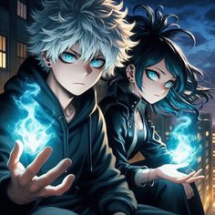 two anime characters with blue eyes and black hair sitting in front of a city at night