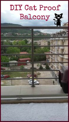 a cat sitting on top of a window sill next to a balcony with the words diy cat proof balcony