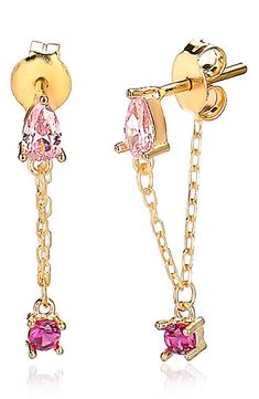 Pink sapphires add sparkle to a 14K gold plated sterling silver stud earring that features a unique front-to-back chain detail. 0.5" length Post back 14K gold plated sterling silver/pink sapphire Imported Gold Dangle Jewelry With Prong Setting, Gold Briolette Jewelry With Prong Setting, Briolette Earrings With 17 Jewels As Gift, Gold Plated Dangle Earrings With Prong Setting, Gold Plated Dangle Jewelry With Prong Setting, Pink Gold Dangle Earrings For Pierced Ears, Keep Jewelry, Sterling Silver Studs, Sterling Silver Earrings Studs