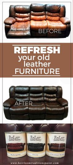 the before and after photos of a leather sofa with two different color options to match it