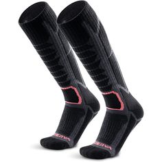 two pairs of black socks with pink detailing on the toes and bottom, one pair is shown